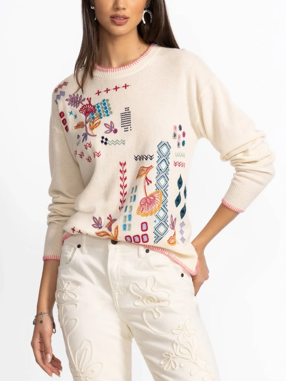 NEW Johnny Was Drop Shoulder Pullover Sweater Wool Cashmere Embroidered NWT g62